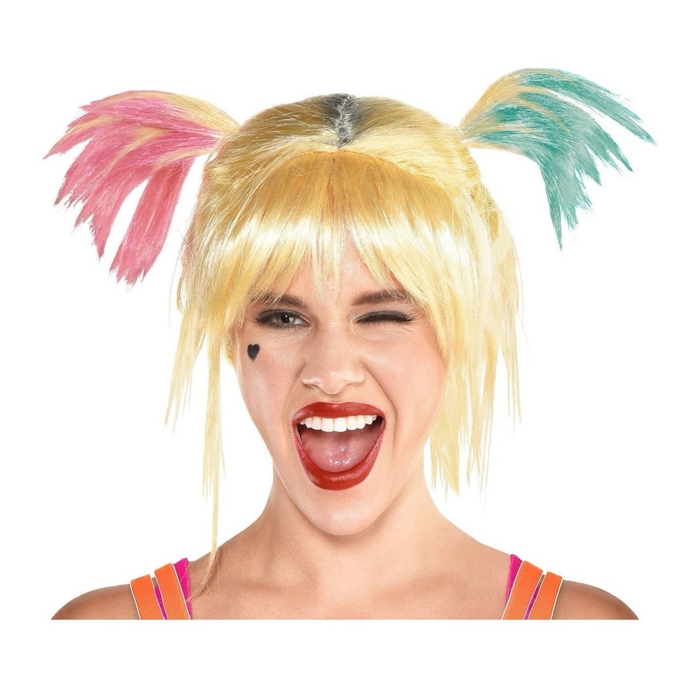 Harley Quinn Birds of Prey Wig Blonde Pink Blue Pigtails Amscan Halloween OSFA